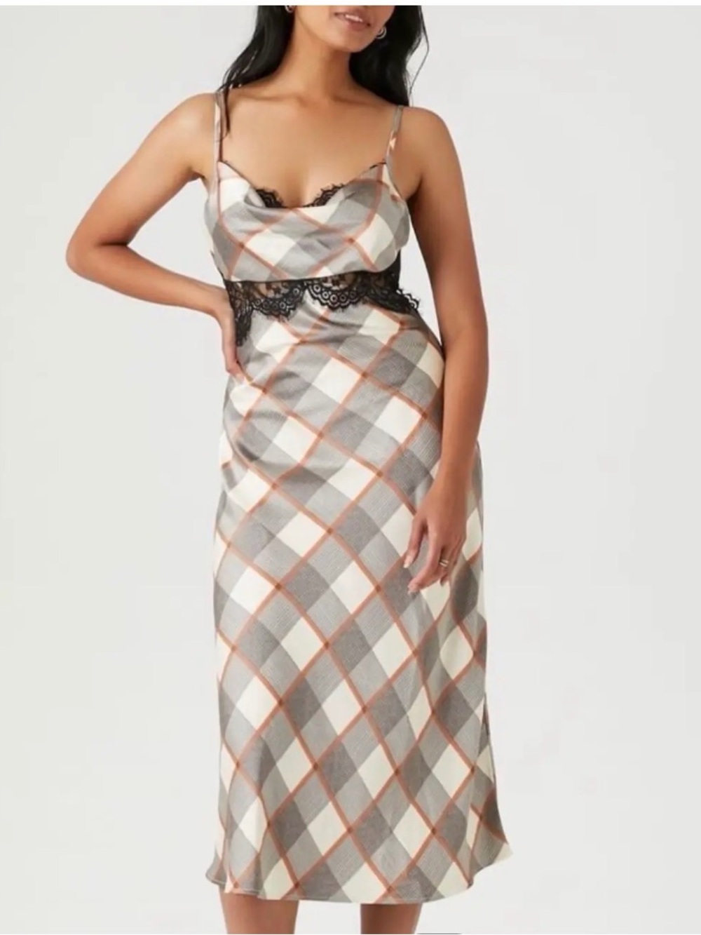 Forever 21 Gray & Orange Plaid Satin Slip Dress with Black Lace Trim
